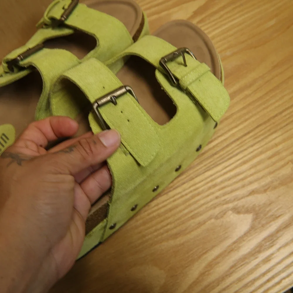 Shein Lime Green Faux Suede Platform Sandals Studded Double Strap Slides Size 9